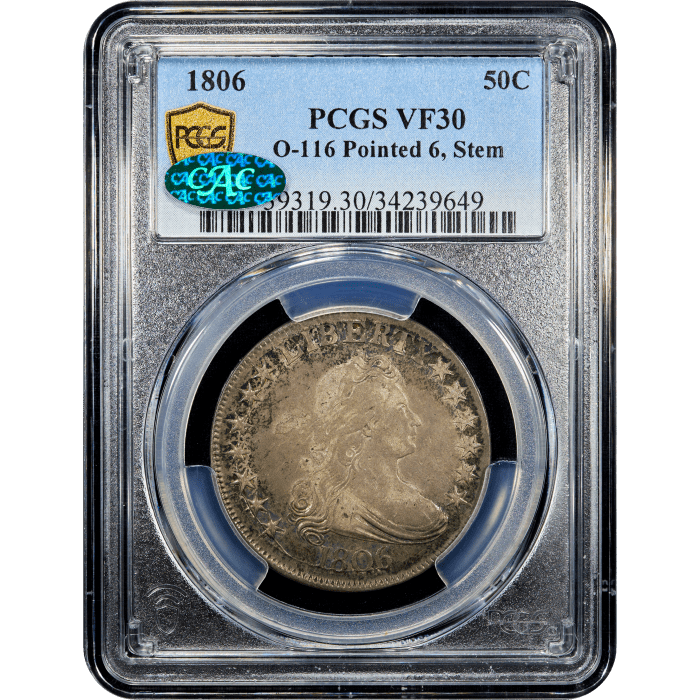 1806 Draped Bust Half Dollar (50c) O-116 Pointed 6, Stem SLAB Image