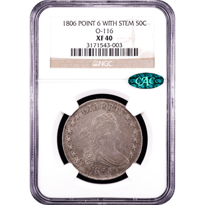 1806 Pointed 6 Stem Draped Bust Half Dollar (50c) O-116 SLAB Image