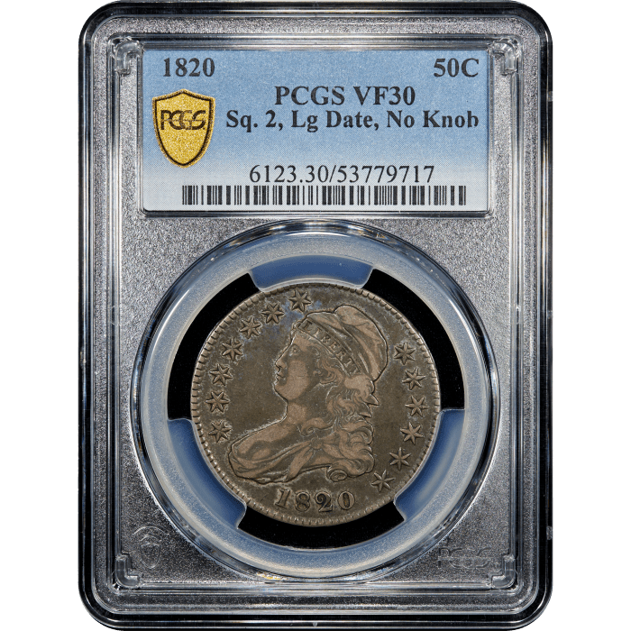 1820 Capped Bust Half Dollar (50c) Sq. 2, Lg Date, No Knob SLAB Image