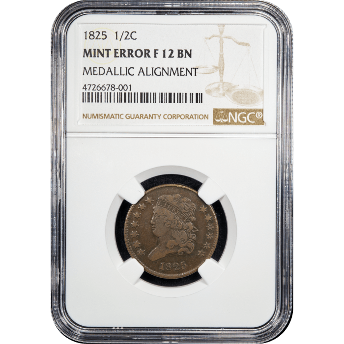 1825 Classic Head Half Cent (1/2c) Error - Medallic Alignment SLAB Image