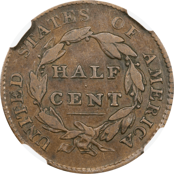 1825 Classic Head Half Cent (1/2c) Error - Medallic Alignment REVERSE Image