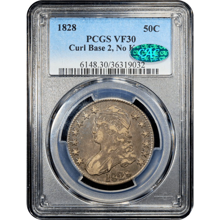 1828 Capped Bust Half Dollar (50c) Curl Base 2, No Knob Obverse Slab Image