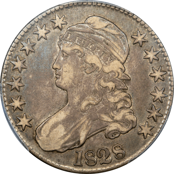 1828 Capped Bust Half Dollar (50c) Curl Base 2, No Knob Obverse Image