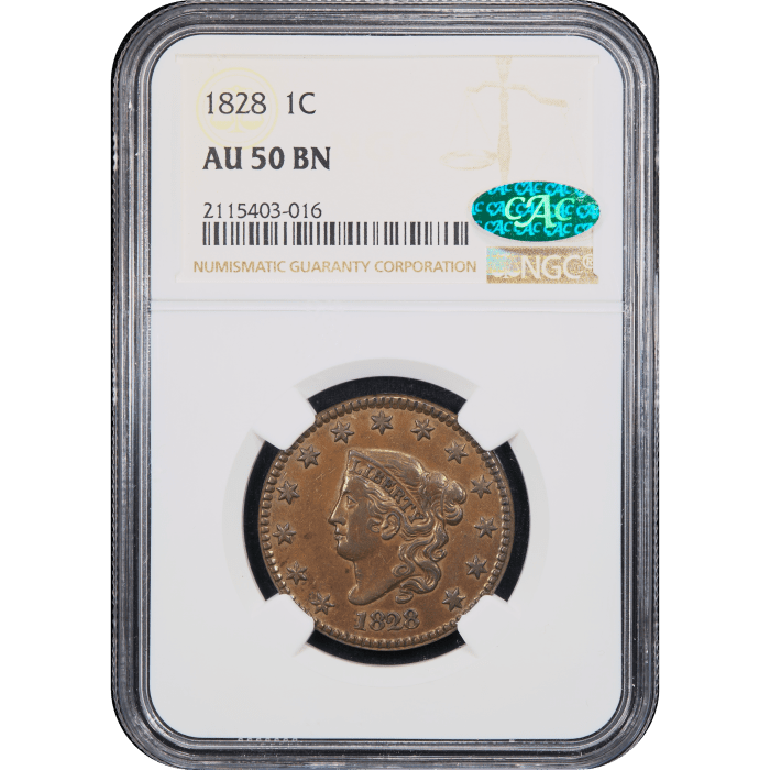 1828 Coronet Large Cent (1c) N-5 Obverse Slab Image