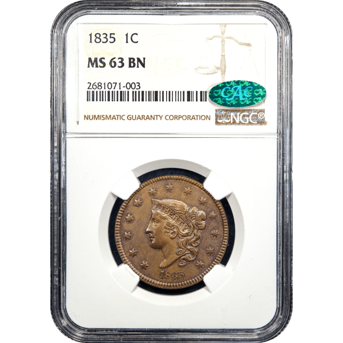 1835 Coronet Large Cent (1c) Head of 1836 Obverse Slab Image