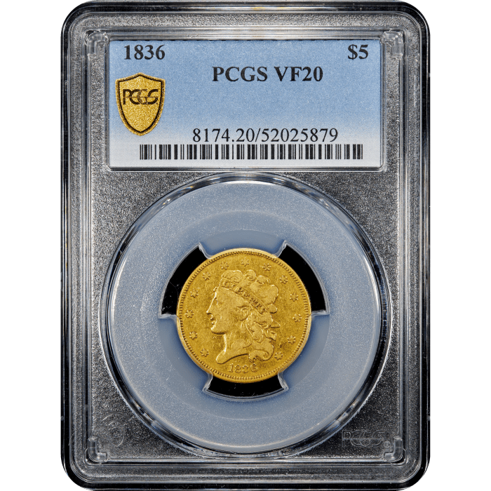 1836 Classic Head Gold Half Eagle ($5) Obverse Slab Image