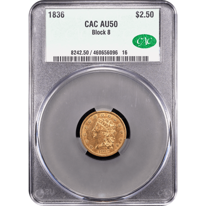 1836 Classic Head Gold Quarter Eagle ($2.50) Block 8 Obverse Slab Image