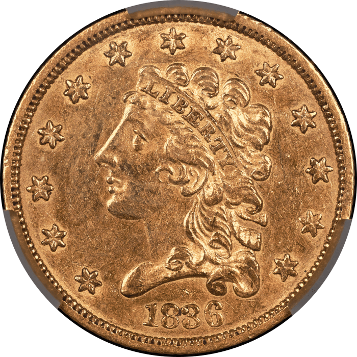 1836 Classic Head Gold Quarter Eagle ($2.50) Block 8 Obverse Image