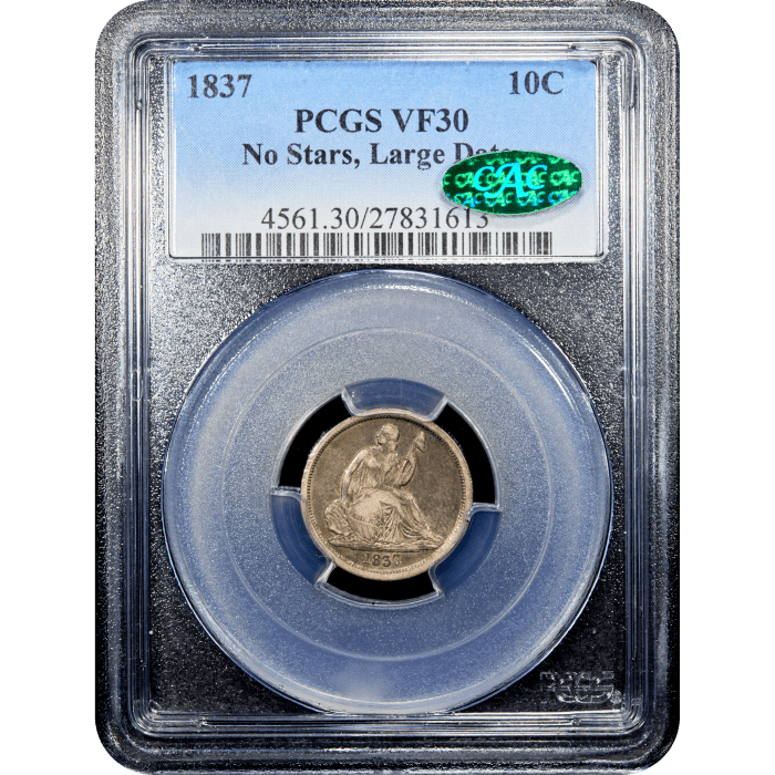 1837 Seated Liberty Dime (10c) No Stars, Large Date Obverse Slab Image