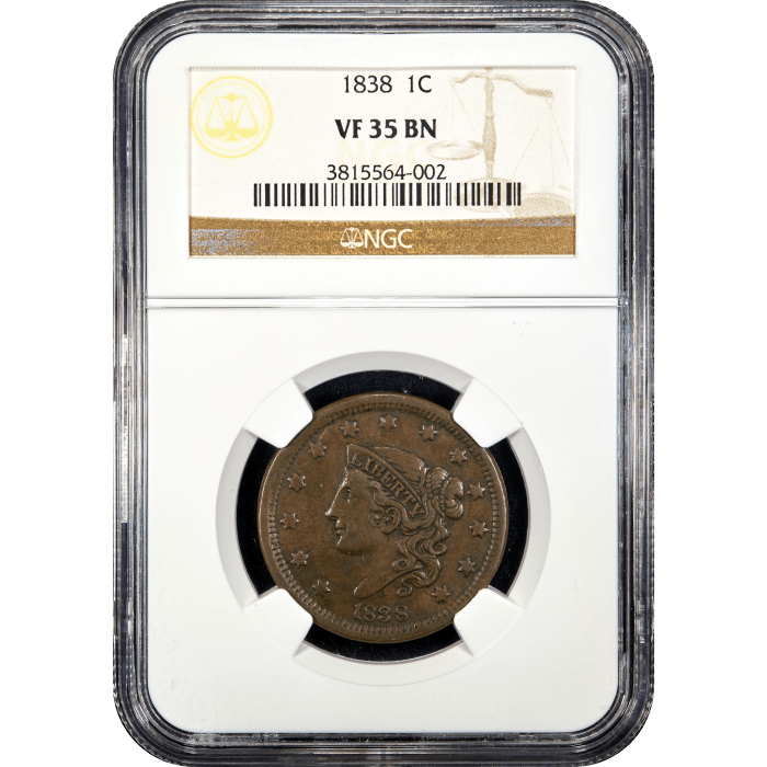 1838 Coronet Large Cent (1c) Obverse Slab Image