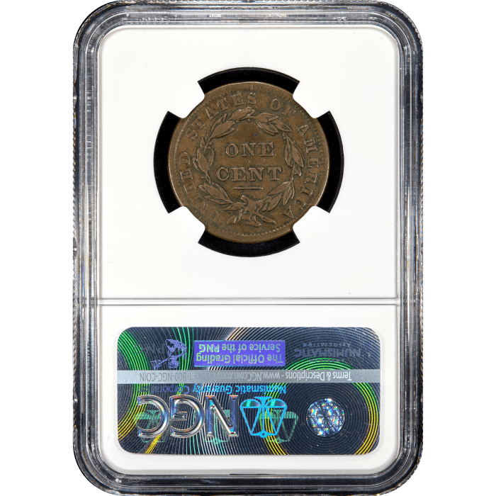 1838 Coronet Large Cent (1c) Reverse Slab Image