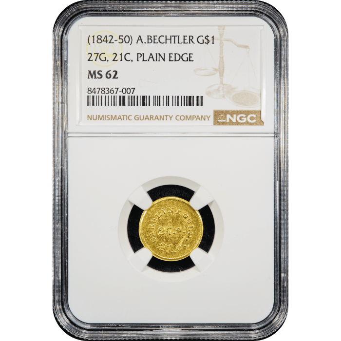 1842-50 A. Bechtler Gold Dollar (G$1) 27G Plain Edge Obverse Slab Image