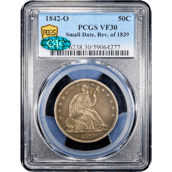 1842-O Seated Liberty Half Dollar (50c) Small Date, Rev of 1839 Obverse Slab Image