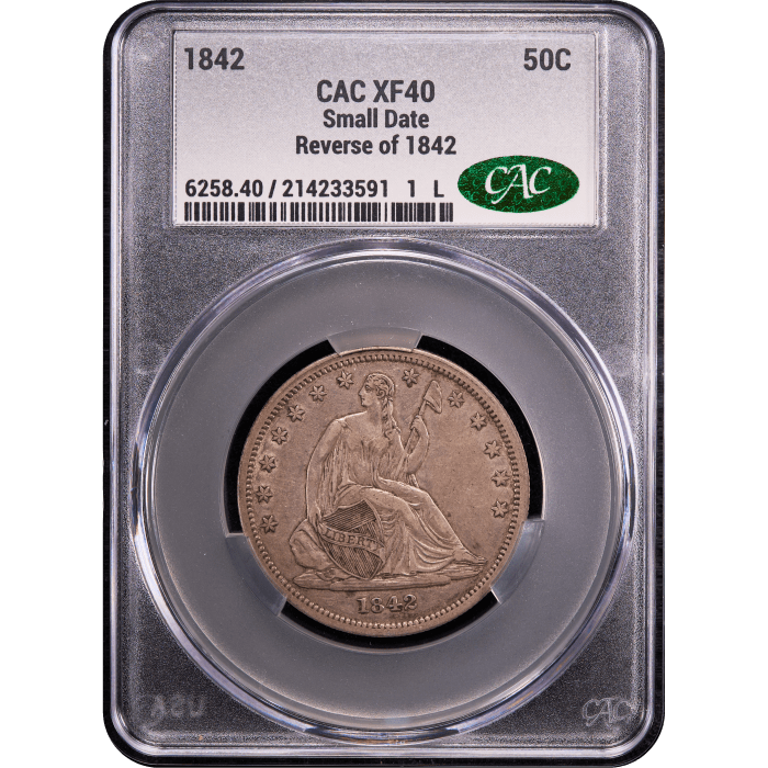 1842 Seated Liberty Half Dollar (50c) Small Date, Rev of 1842 Obverse Slab Image