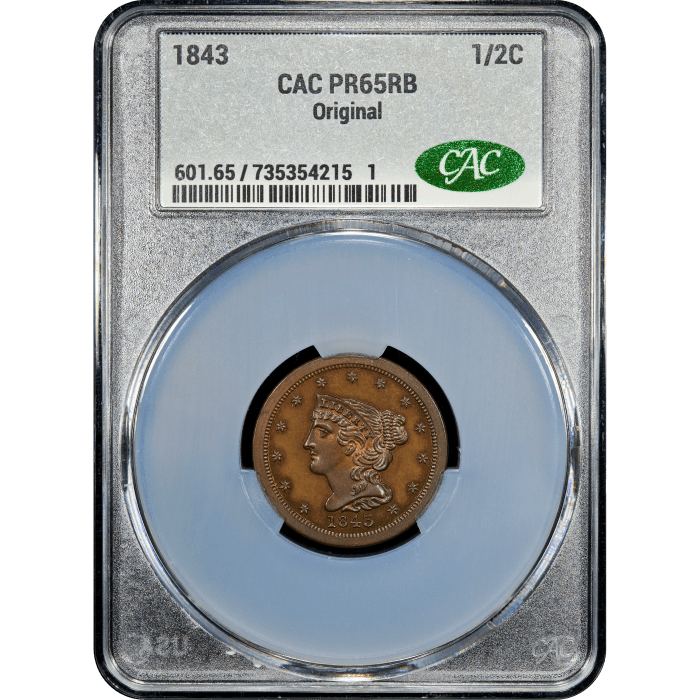 1843 Braided Hair Half Cent (1/2c) Original SLAB Image