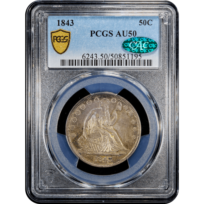 1843 Seated Liberty Half Dollar (50c) Obverse Slab Image