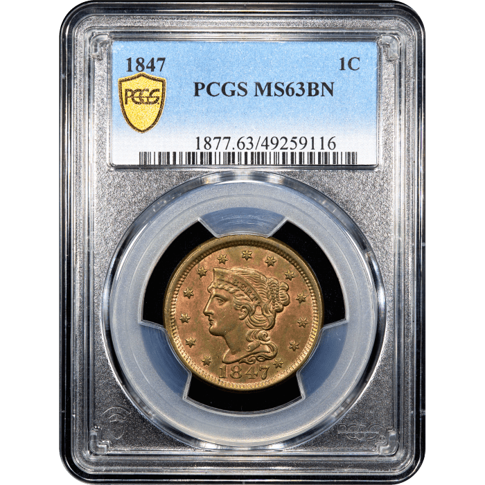 1847 Braided Hair Large Cent (1c) SLAB Image