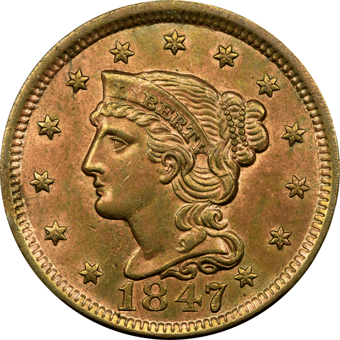 1847 Braided Hair Large Cent (1c) OBVERSE Image