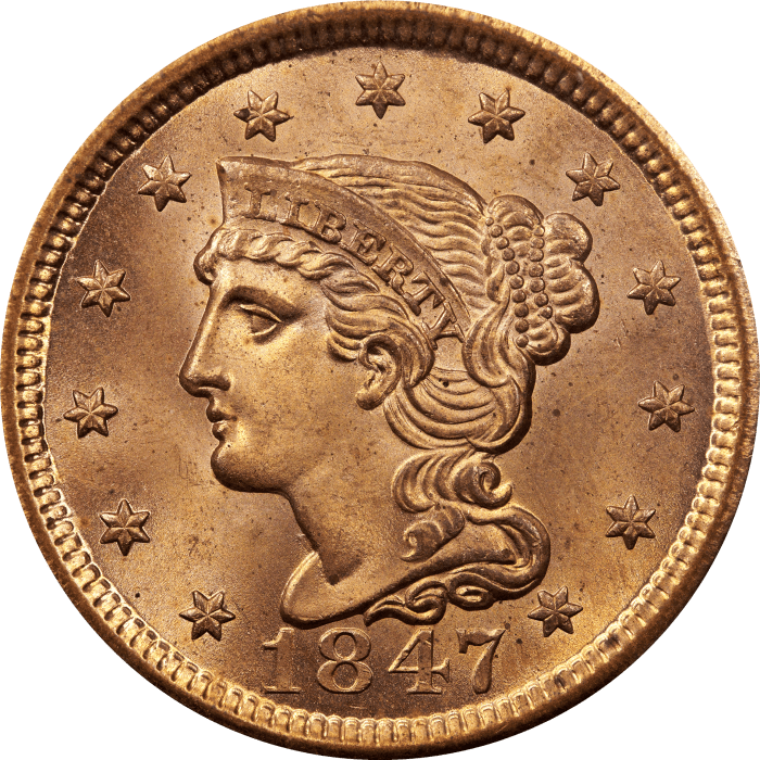 1847 Braided Hair Large Cent (1c) OBVERSE Image
