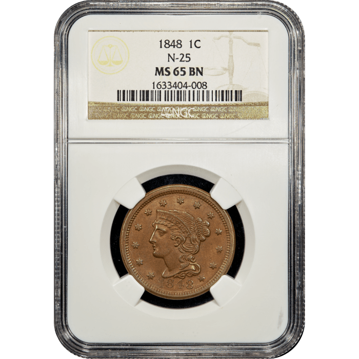 1848 Braided Hair Large Cent (1c) Obverse Slab Image