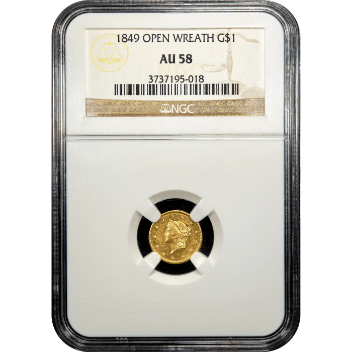 1849 Gold Dollar ($1) Open Wreath Obverse Slab Image