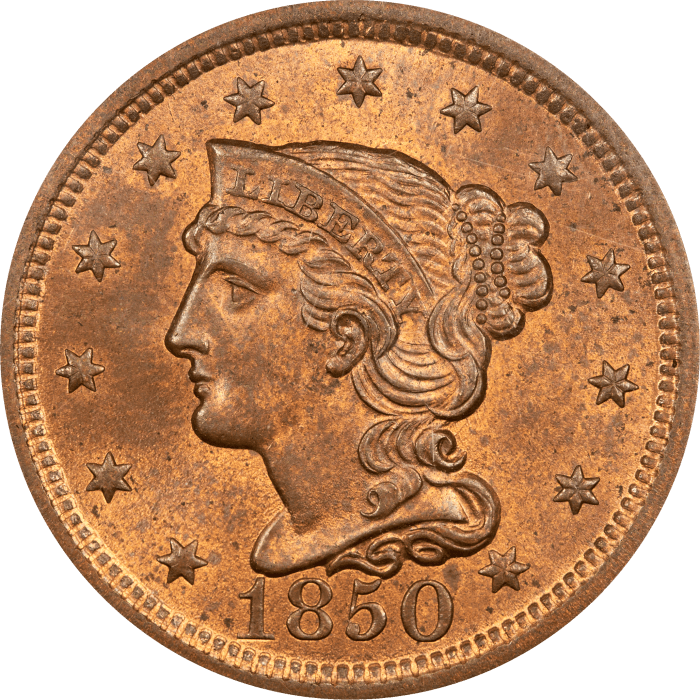 1850 Braided Hair Large Cent (1c) OBVERSE Image
