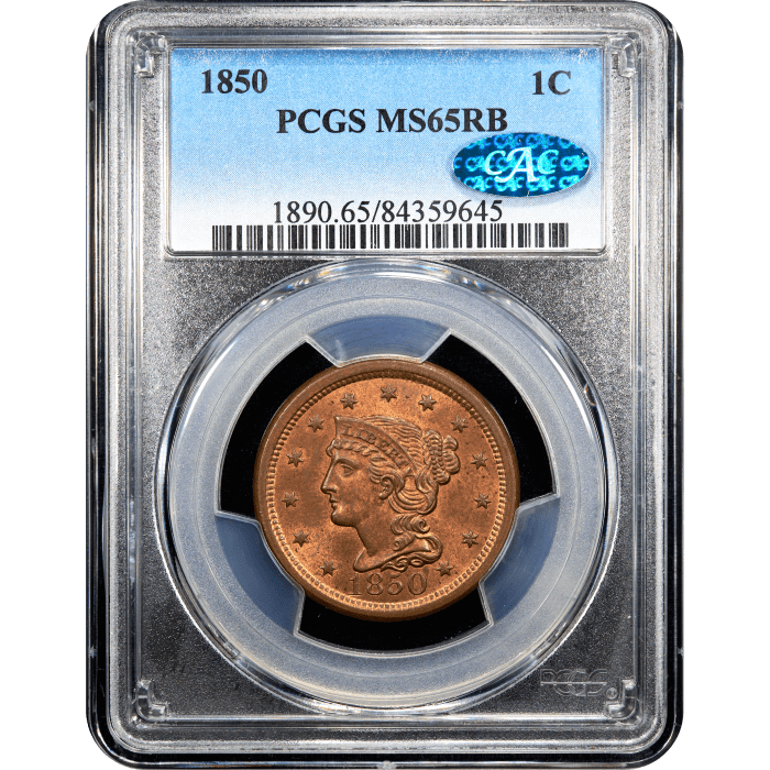 1850 Braided Hair Large Cent (1c) SLAB Image