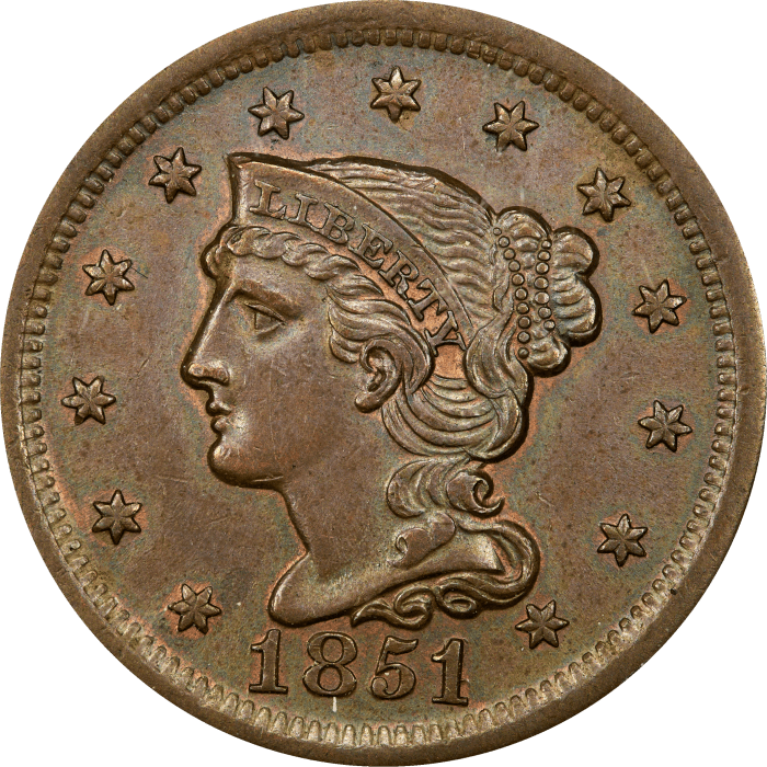 1851/81 Braided Hair Large Cent (1c) Obverse Image