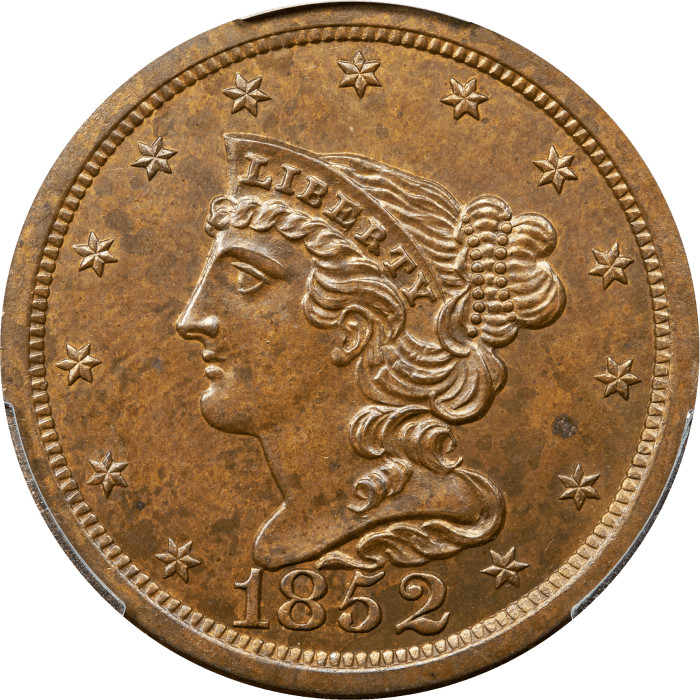 1852 Braided Hair Half Cent (1/2c) Restrike, Reverse of 1856 Obverse Image