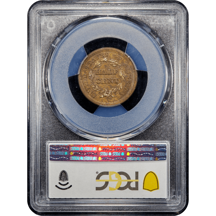 1852 Braided Hair Half Cent (1/2c) Restrike, Reverse of 1856 Reverse Slab Image