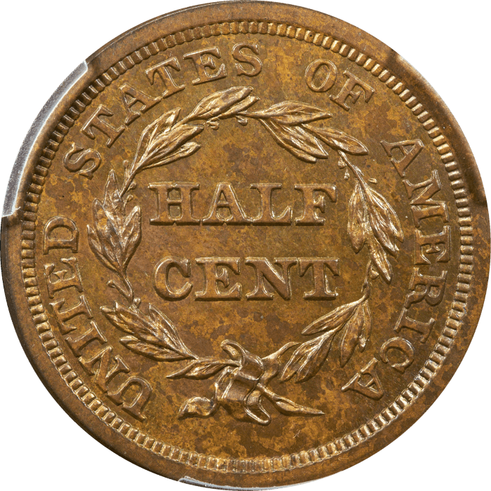 1852 Braided Hair Half Cent (1/2c) Restrike, Reverse of 1856 Reverse Image