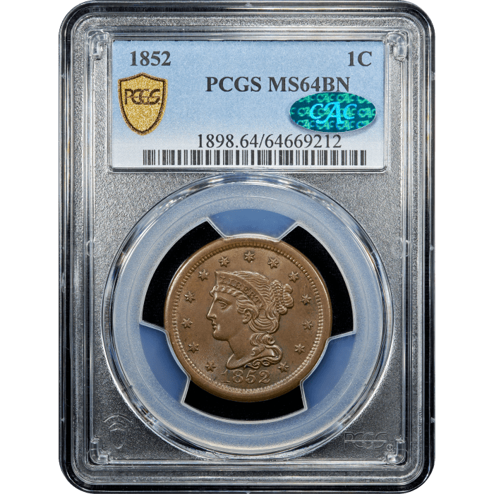 1852 Braided Hair Large Cent (1c) Obverse Slab Image