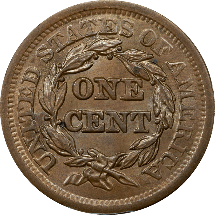 1852 Braided Hair Large Cent (1c) Reverse Image