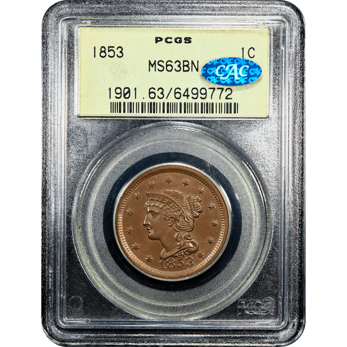 1853 Braided Hair Large Cent (1c) OGH SLAB Image