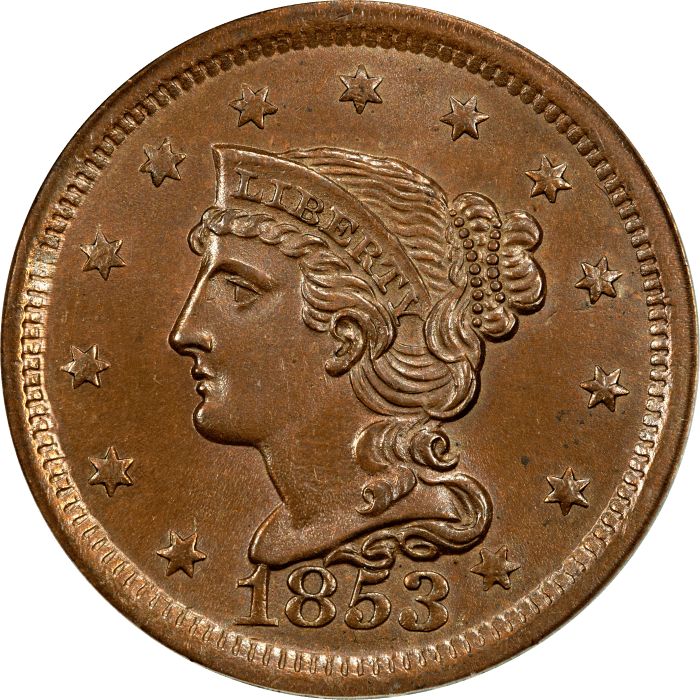 1853 Braided Hair Large Cent (1c) OGH OBVERSE Image