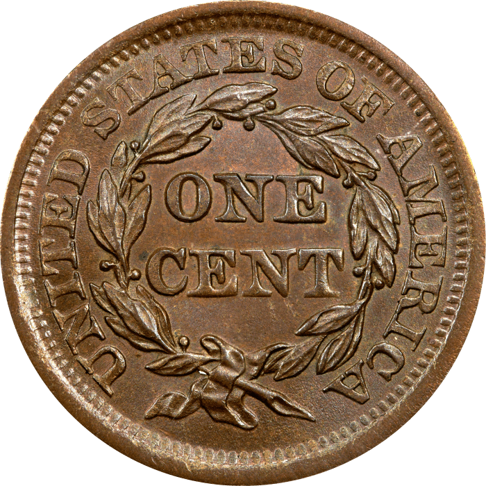 1853 Braided Hair Large Cent (1c) OGH REVERSE Image
