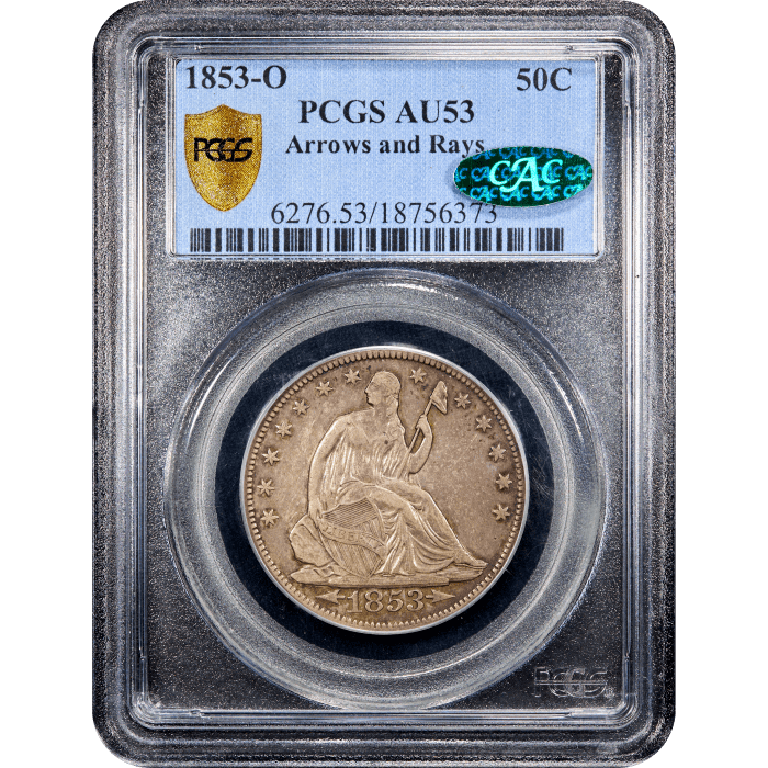 1853-O Seated Liberty Half Dollar (50c) Arrows and Rays SLAB Image