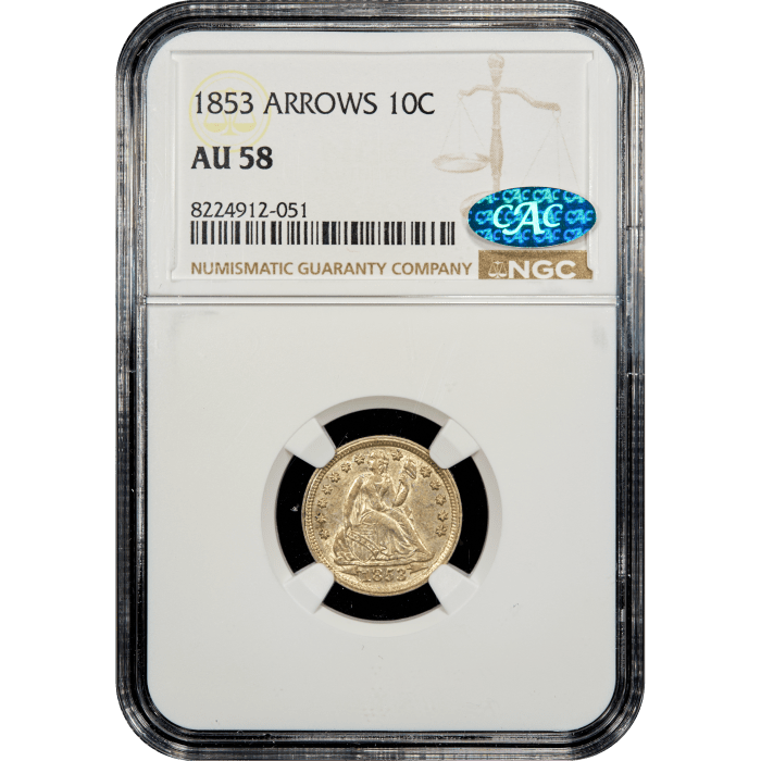 1853 Seated Liberty Dime (10c) Arrows Obverse Slab Image
