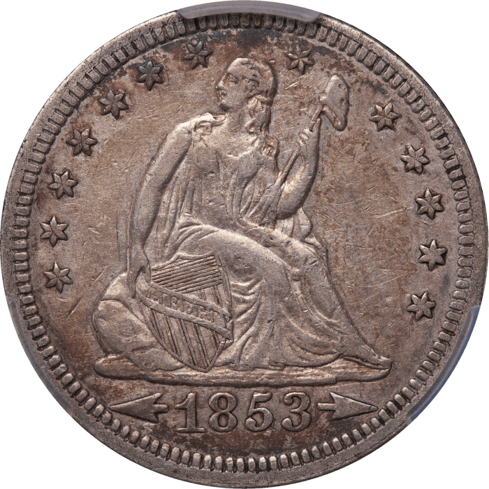 1853 Seated Liberty Quarter (25c) Arrows and Rays OBVERSE Image