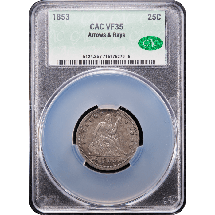 1853 Seated Liberty Quarter (25c) Arrows and Rays SLAB Image