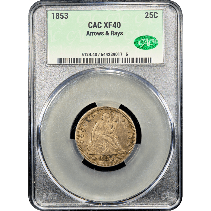 1853 Seated Liberty Quarter (25c) Arrows and Rays Obverse Slab Image