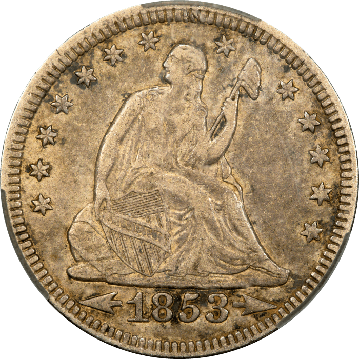 1853 Seated Liberty Quarter (25c) Arrows and Rays Obverse Image