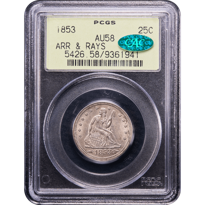 1853 Seated Liberty Quarter (25c) Arrows and Rays OGH SLAB Image