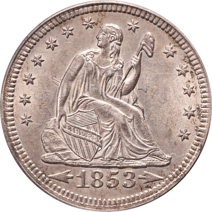 1853 Seated Liberty Quarter (25c) Arrows and Rays OGH Obverse Image