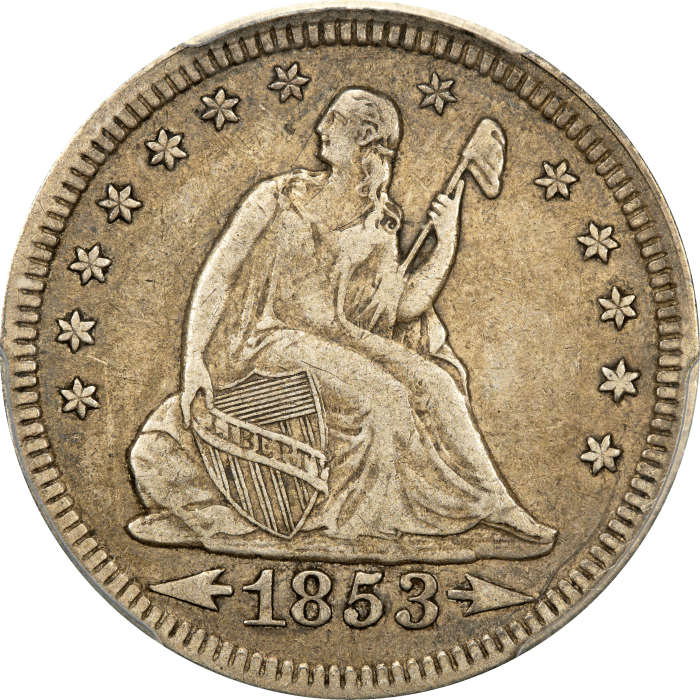 1853 Seated Liberty Quarter (25c) Arrows and Rays OBVERSE Image