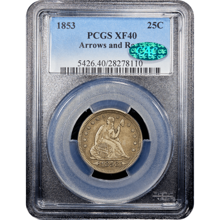 1853 Seated Liberty Quarter (25c) Arrows and Rays SLAB Image