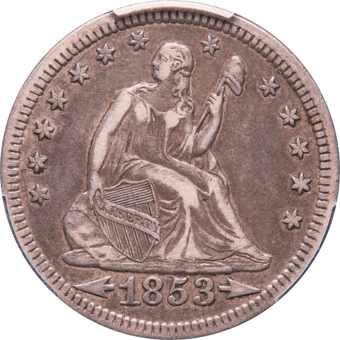 1853/4 Seated Liberty Quarter (25c) Arrows and Rays OBVERSE Image