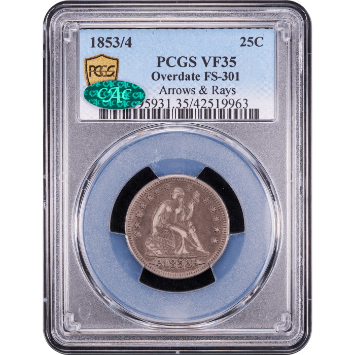 1853/4 Seated Liberty Quarter (25c) Arrows and Rays SLAB Image