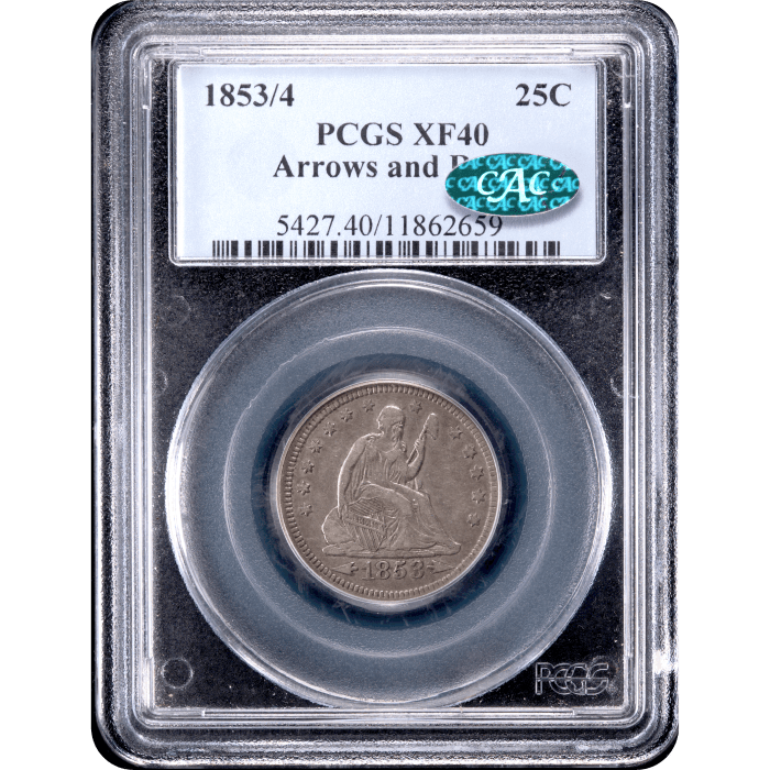 1853/4 Seated Liberty Quarter (25c) Arrows and Rays Obverse Slab Image