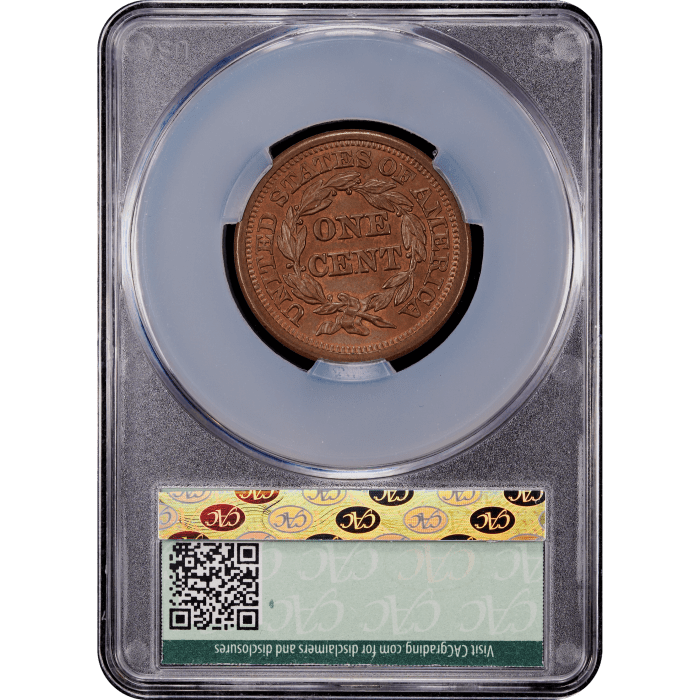 1854 Braided Hair Large Cent (1c) Reverse Slab Image